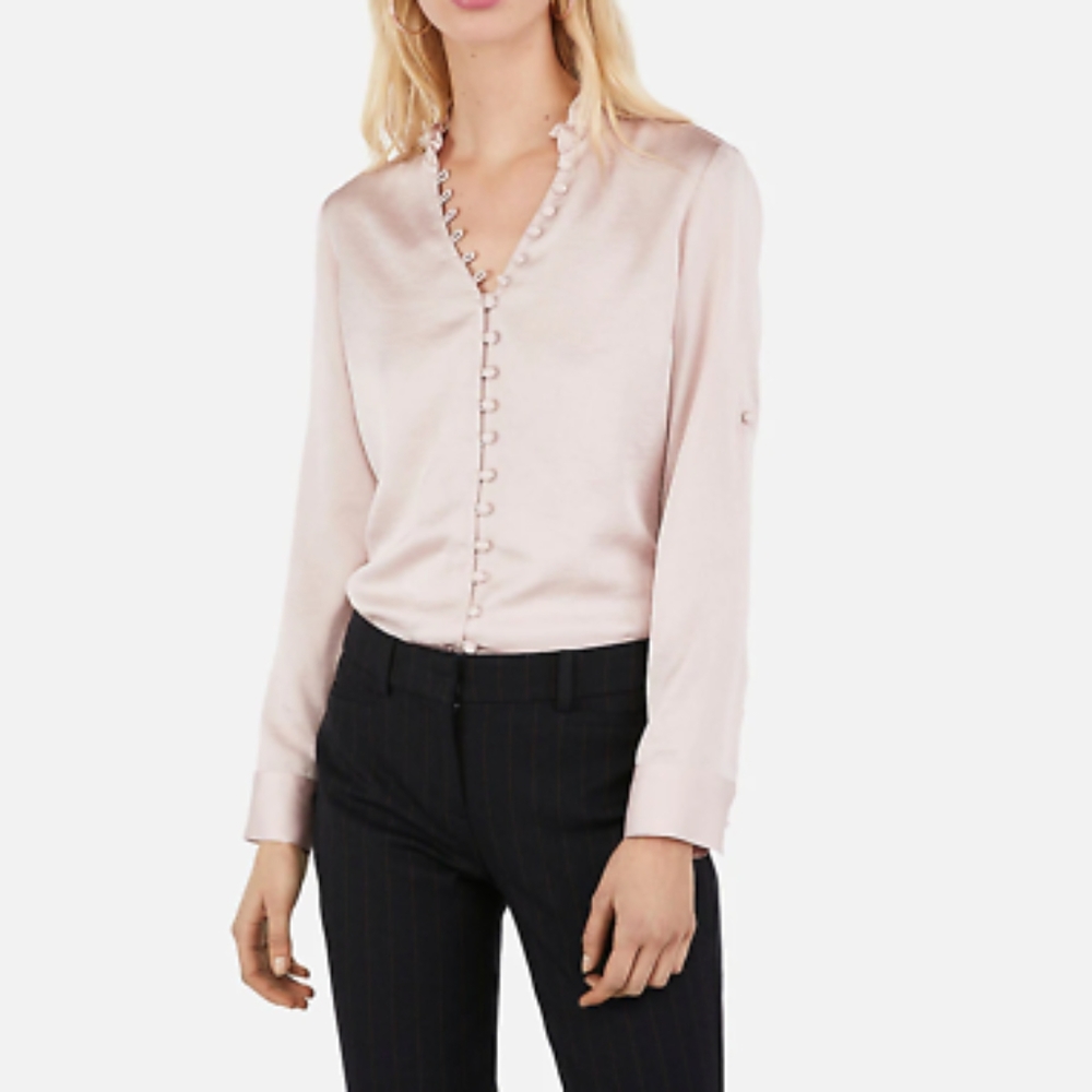 Express Blush Ruffle Neck Portofino Shirt Size XS